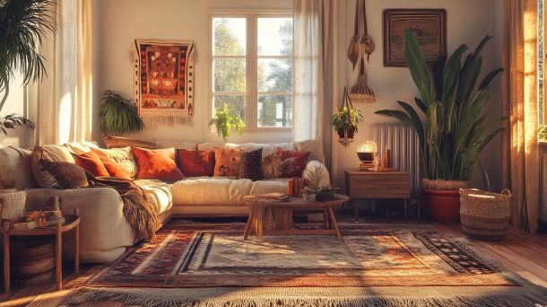 Cozy bohemian living room with layered textiles and vintage furniture