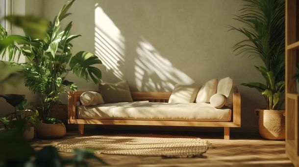 Elegant living room with natural elements and botanical accents