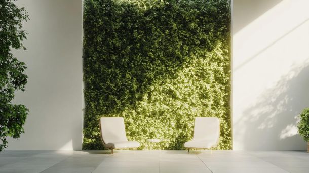 Stylish modern balcony with compact furniture and greenery