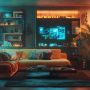 Futuristic living room with adaptive AI technology and mood lighting