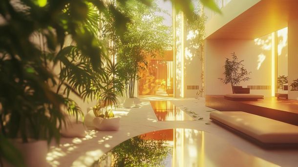 Intelligent home interior blending natural elements with digital technology