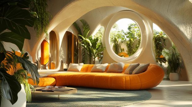 Modern living room with organic shapes and natural design elements