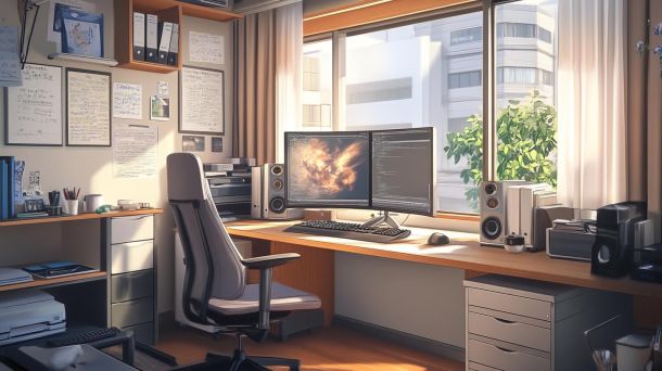 Modern home office with family-friendly workspace design