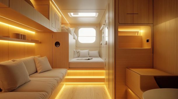 Compact modern urban apartment with smart space-saving furniture