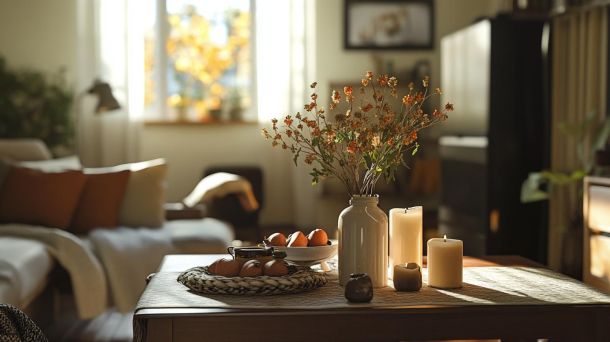 Cozy living room with seasonal decor elements and warm lighting