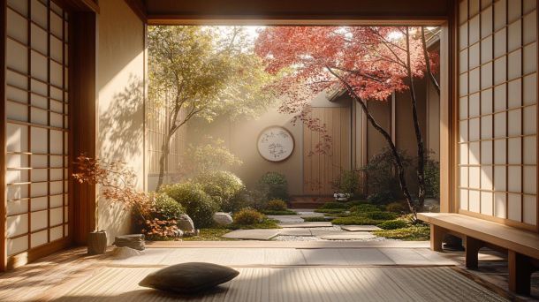 Elegant minimalist Japanese-inspired living room with natural light