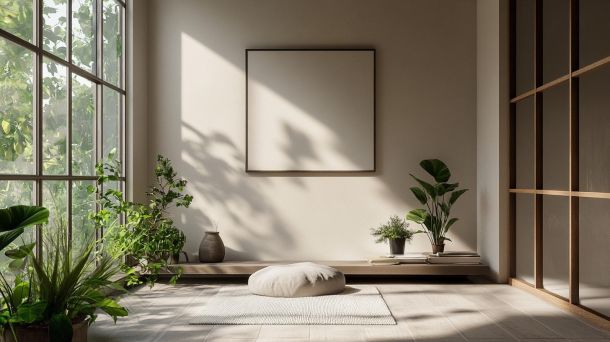 Minimalist zen corner with soft cushions and natural elements