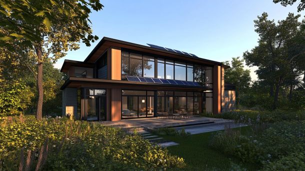 Modern sustainable home with solar panels and energy-efficient design