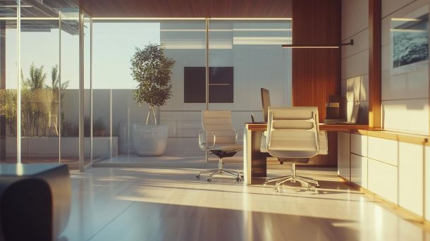 Modern ergonomic home office with adjustable furniture and natural lighting