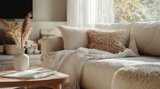 Sustainable living room with wood, stone, and organic textures