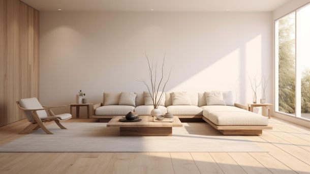 Serene minimalist living room with soft neutral color palette