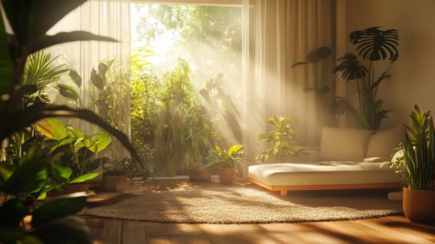 Sustainable living room with wooden furniture and organic textiles