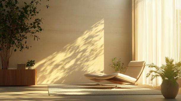 Modern eco-friendly living room with natural materials and green elements