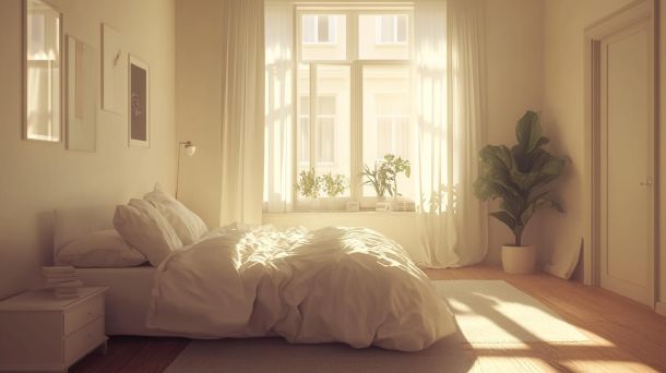 Serene minimalist bedroom with soft neutral color palette
