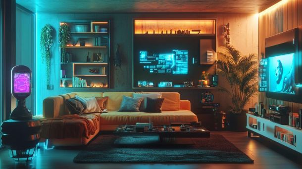 Futuristic living room with adaptive AI technology and mood lighting