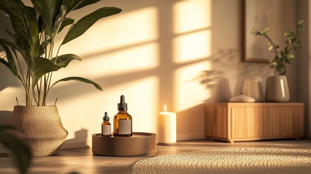 Elegant arrangement of natural essential oils and botanical elements