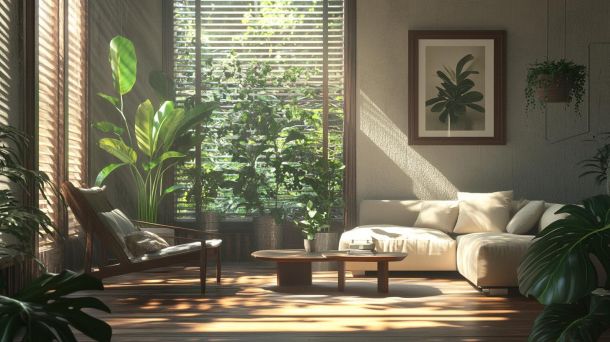 Modern living room with natural elements and indoor plants