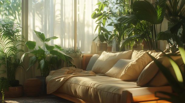 Sustainable living room with organic materials and green design