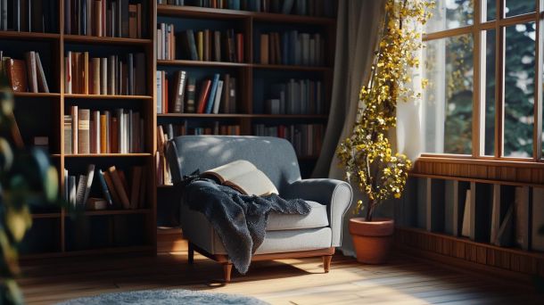 Stylish reading corner with comfortable armchair and soft lighting