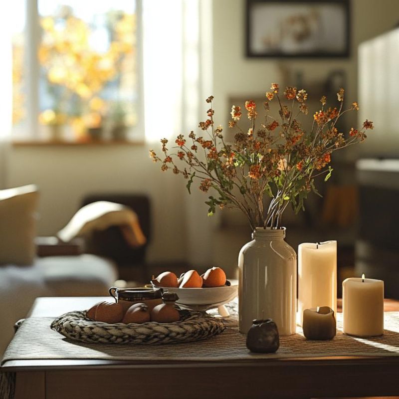 Cozy living room with seasonal decor elements and warm lighting