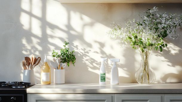 Natural eco-friendly cleaning products on kitchen counter