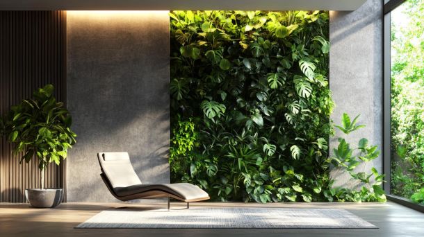 Modern living room with lush vertical garden wall design