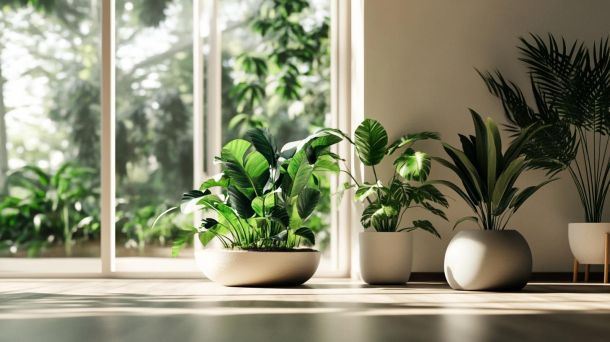 Modern living room with elegant plant arrangement and natural light