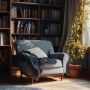 Stylish reading corner with comfortable armchair and soft lighting