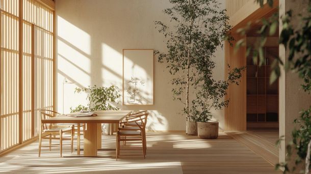Minimalist zen home office with natural light and clean design