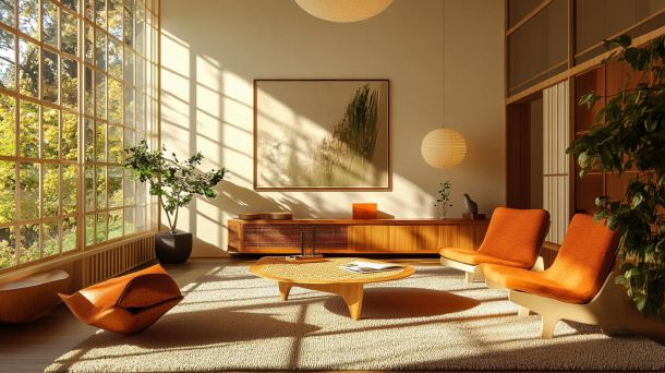 Modern sustainable living room with energy-saving technologies