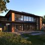 Modern sustainable home with solar panels and energy-efficient design