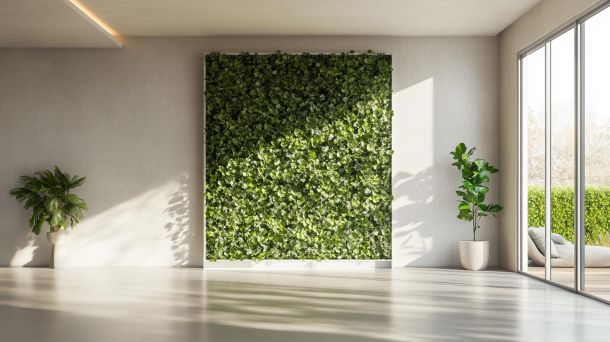 Modern living room with stunning vertical green wall installation