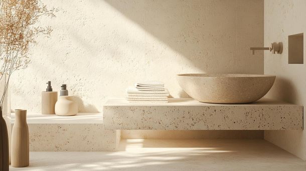 Minimalist zen bathroom with natural stone and wooden elements