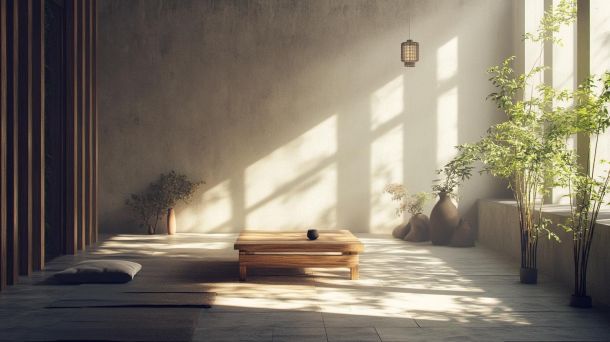 Serene living room with calming color palette and natural light