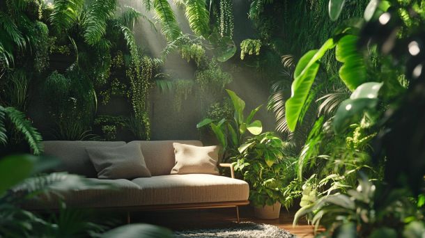 Modern living room with lush green plants and minimalist furniture