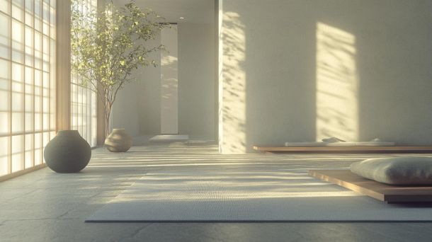 Serene minimalist living room with natural elements and soft lighting
