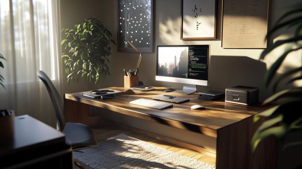 Sleek minimalist workspace with modern laptop and ergonomic chair