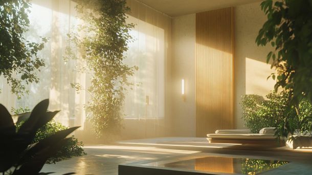 Modern living space designed with natural light and biophilic elements