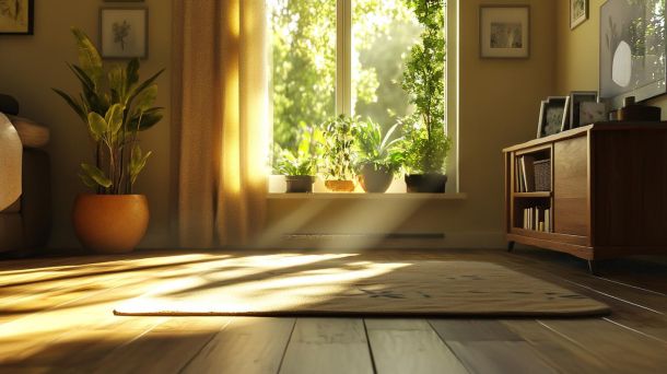 Sustainable eco-friendly home interior with natural wood and stone elements