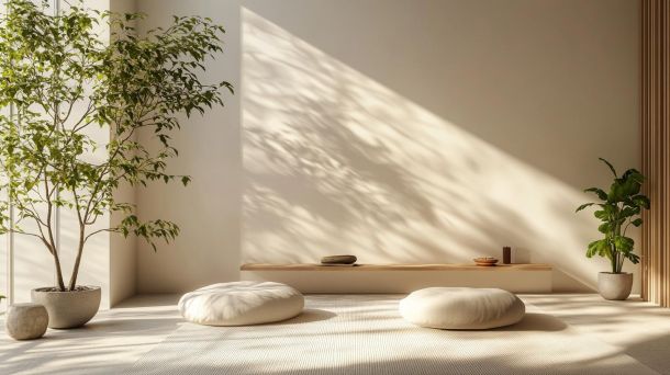 Peaceful home meditation space with natural lighting and minimalist decor