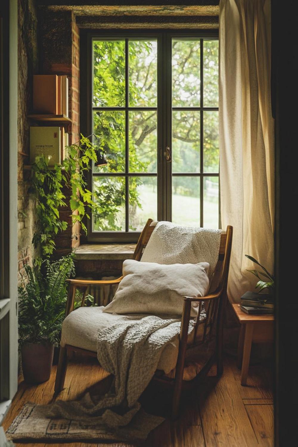 Warm and inviting home corner with layered textiles and ambient lighting