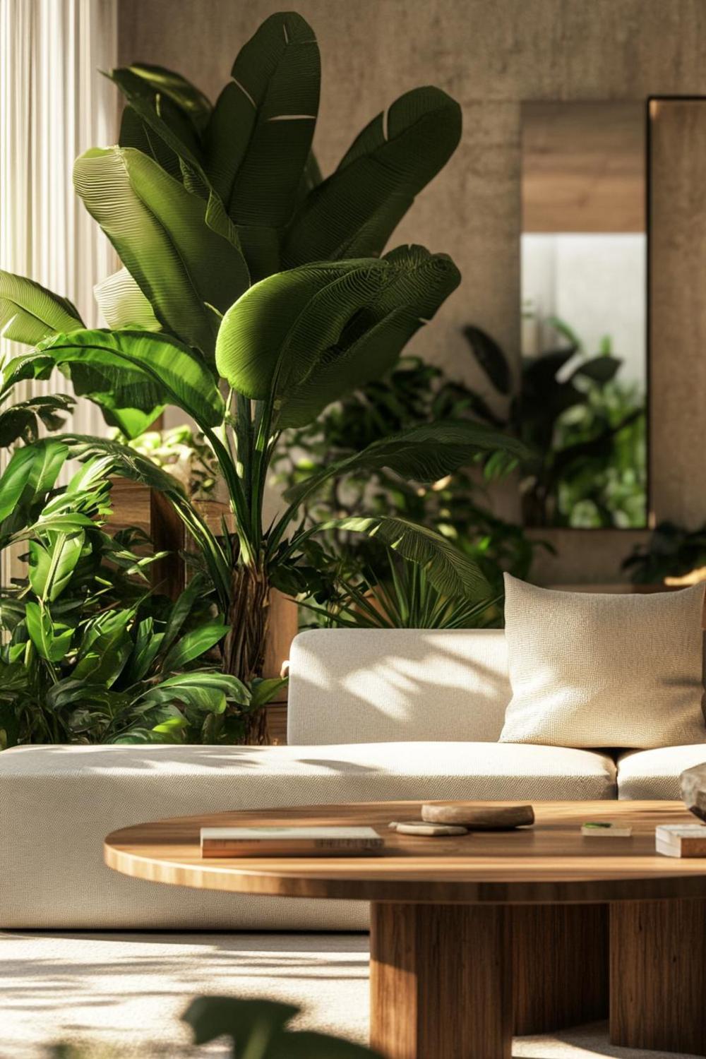 Family-friendly living area with kid-safe plants and comfortable design