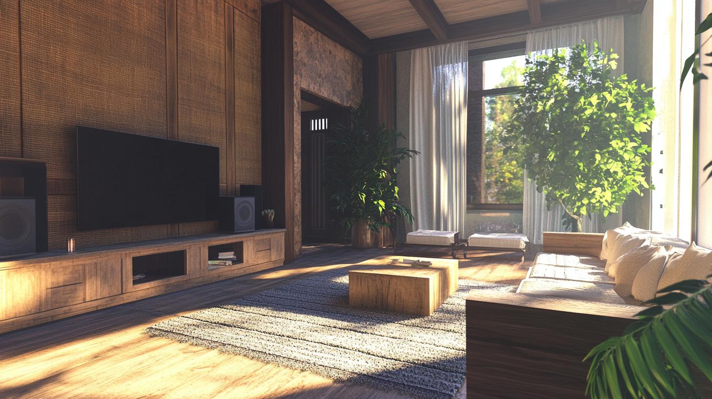 Minimalist living room with energy-efficient design and natural elements