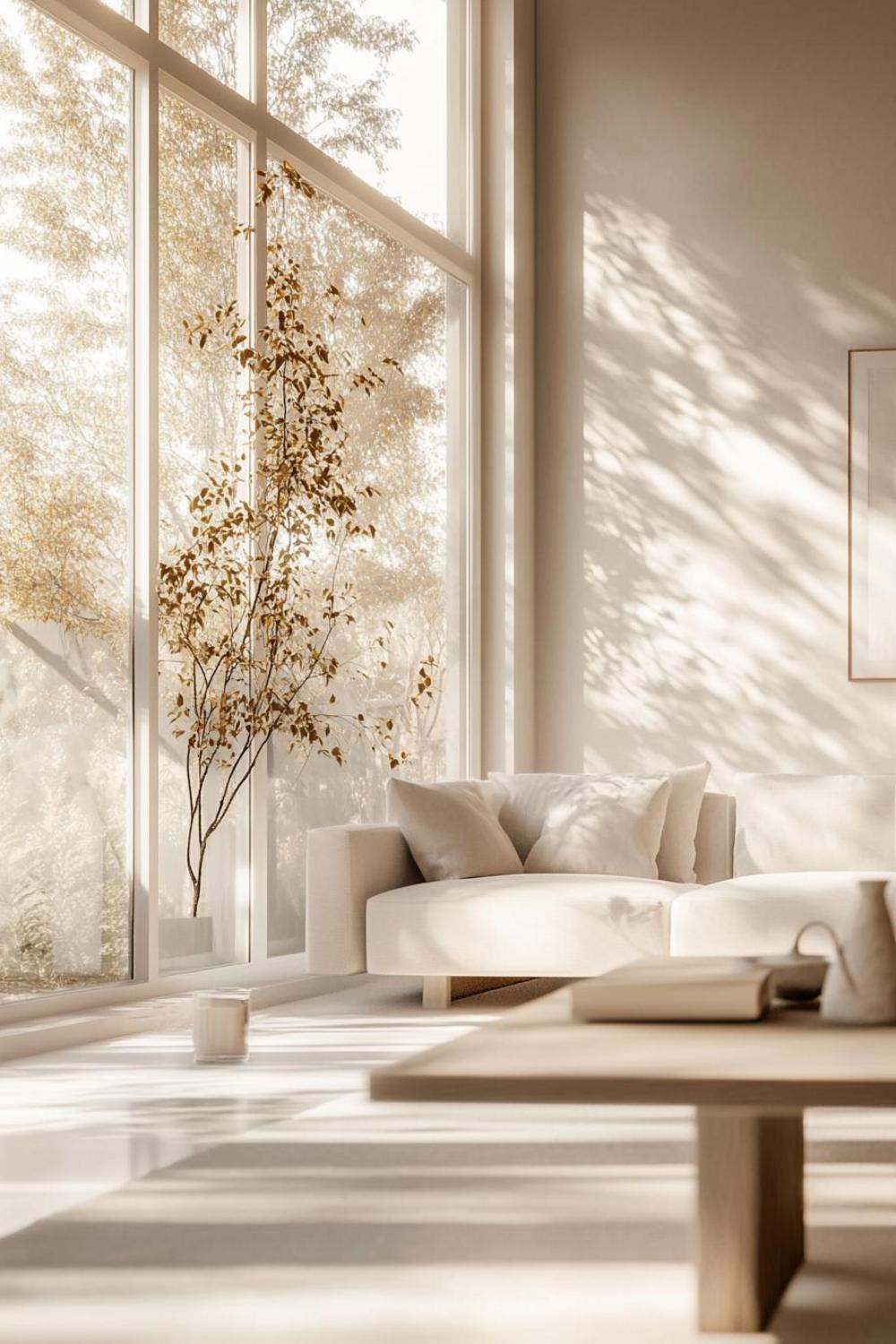 Woman enjoying bright, sunlit living space with plants and comfortable furniture