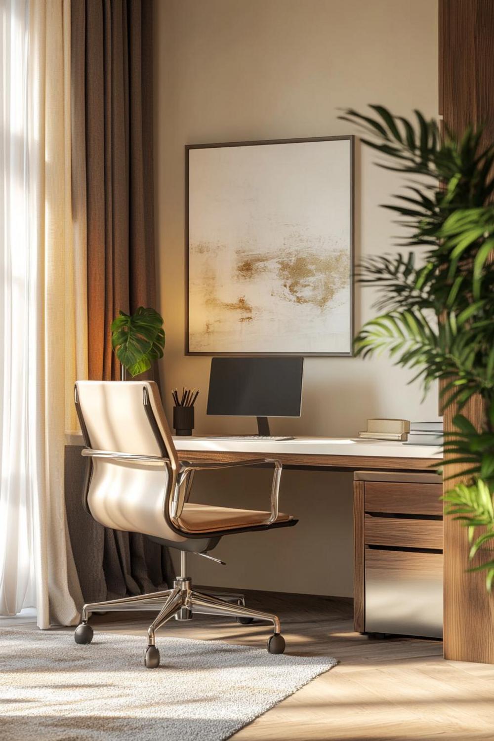 Personalized home office with plants, artwork, and comfortable lighting