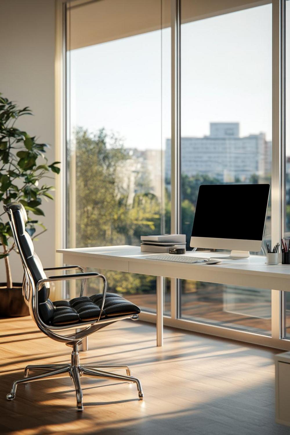 Wellness-focused ergonomic home office with plants and natural elements