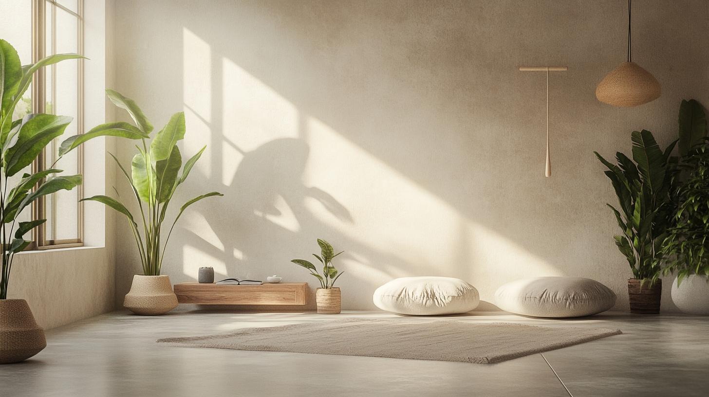 Compact meditation area with zen-inspired furniture and calming accessories