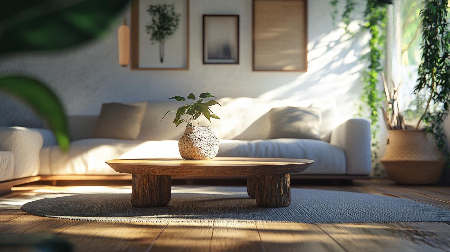 Zen-inspired living room with plants and natural textures