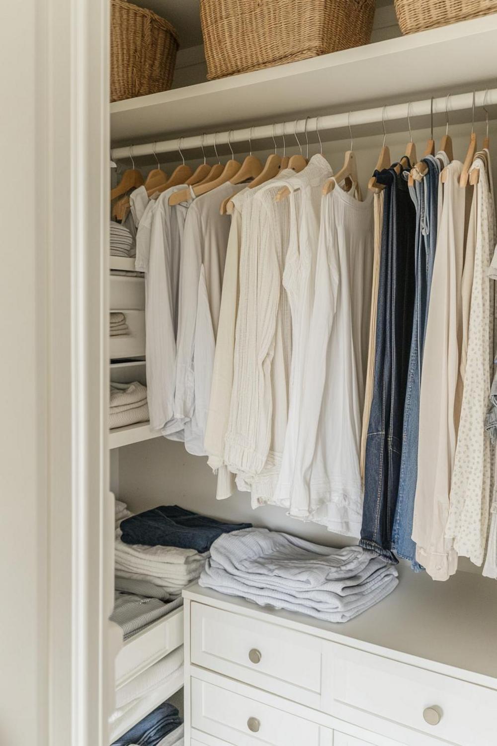 Minimalist compact closet system in neutral colors