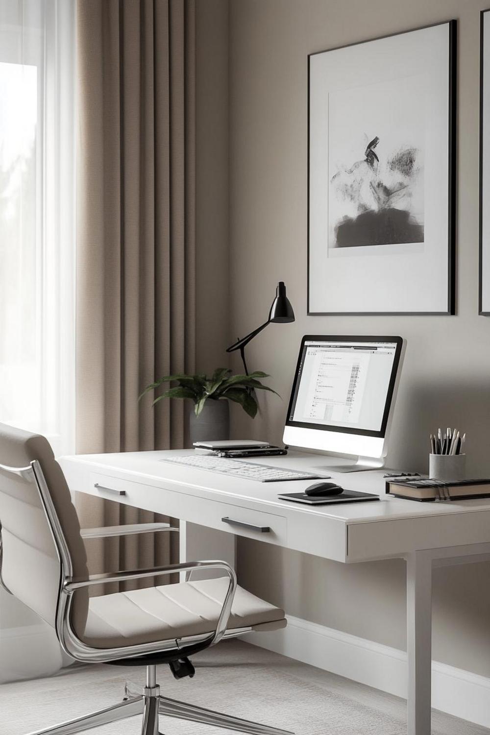 Functional minimal desk setup with natural lighting and plants